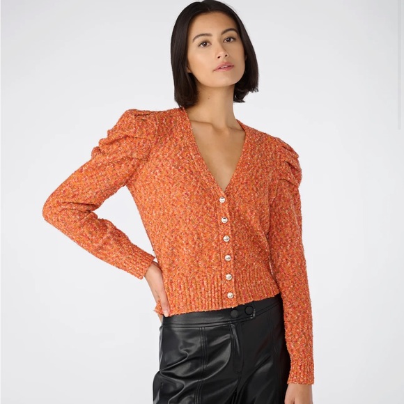 NWOT KARL LAGERFELD PARIS PUFF SLEEVE SPICY ORANGE COMBO CARDIGAN - SIZE MEDIUM - Picture 2 of 9